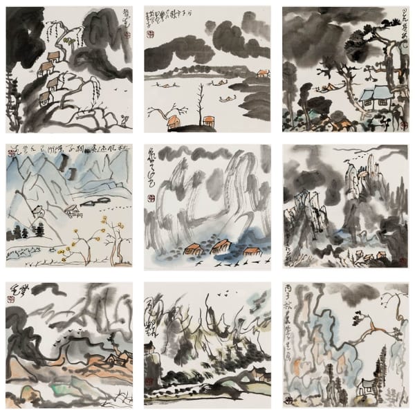 LI HUASHENG 李华生 Mountains of Sichuan Album No. 2 蜀山册 之二, 1990s, Ink on paper 纸本水墨, 34.5 x 35 cm x 9 leaves